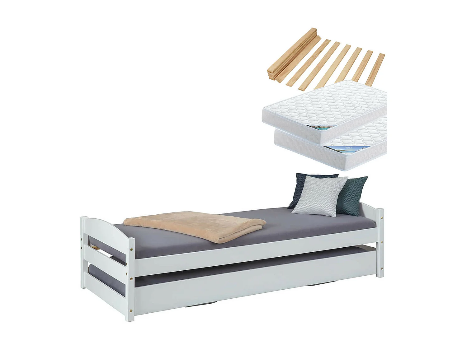 BRODI - Pack Lit Gigogne 90x200cm Blanc + Matelas Ibiza + Matelas Chypre