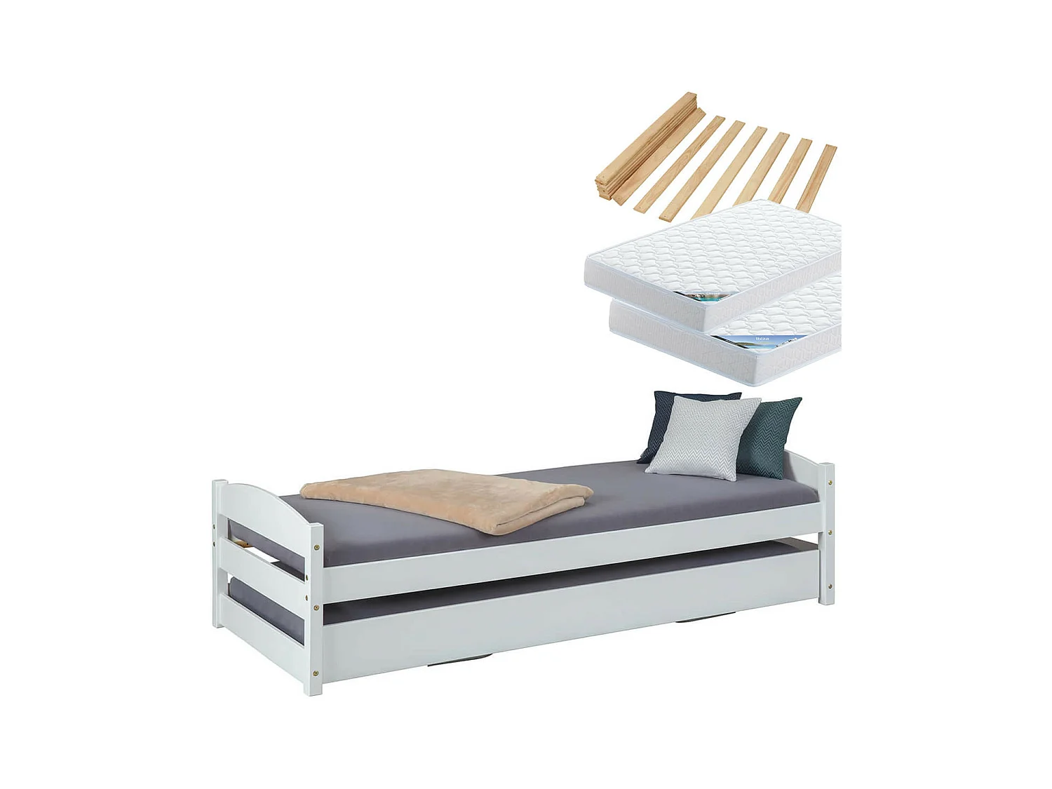 BRODI - Pack Lit Gigogne 90x200cm Blanc + Matelas Ibiza + Matelas Chypre