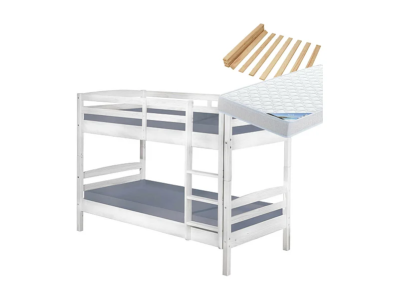 ALASKA - Pack Lits Superposés 90x190 Blancs + 2 Matelas Ibiza