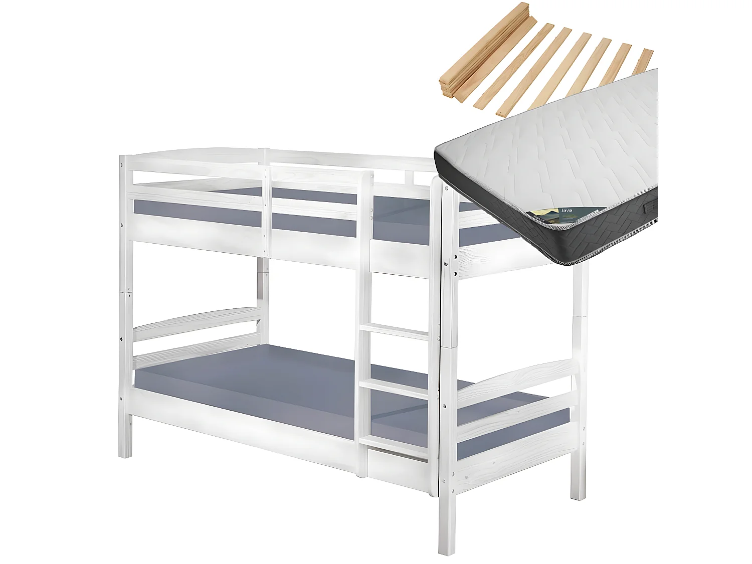 ALASKA - Pack Lits Superposés 90x190 Blancs + 2 Matelas Java