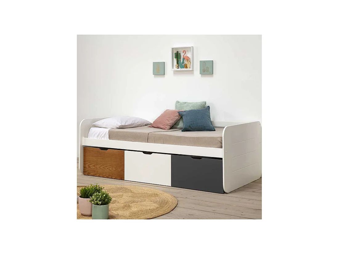 Lit 90*190 cm avec 3 tiroirs Bois Blanc - MOE