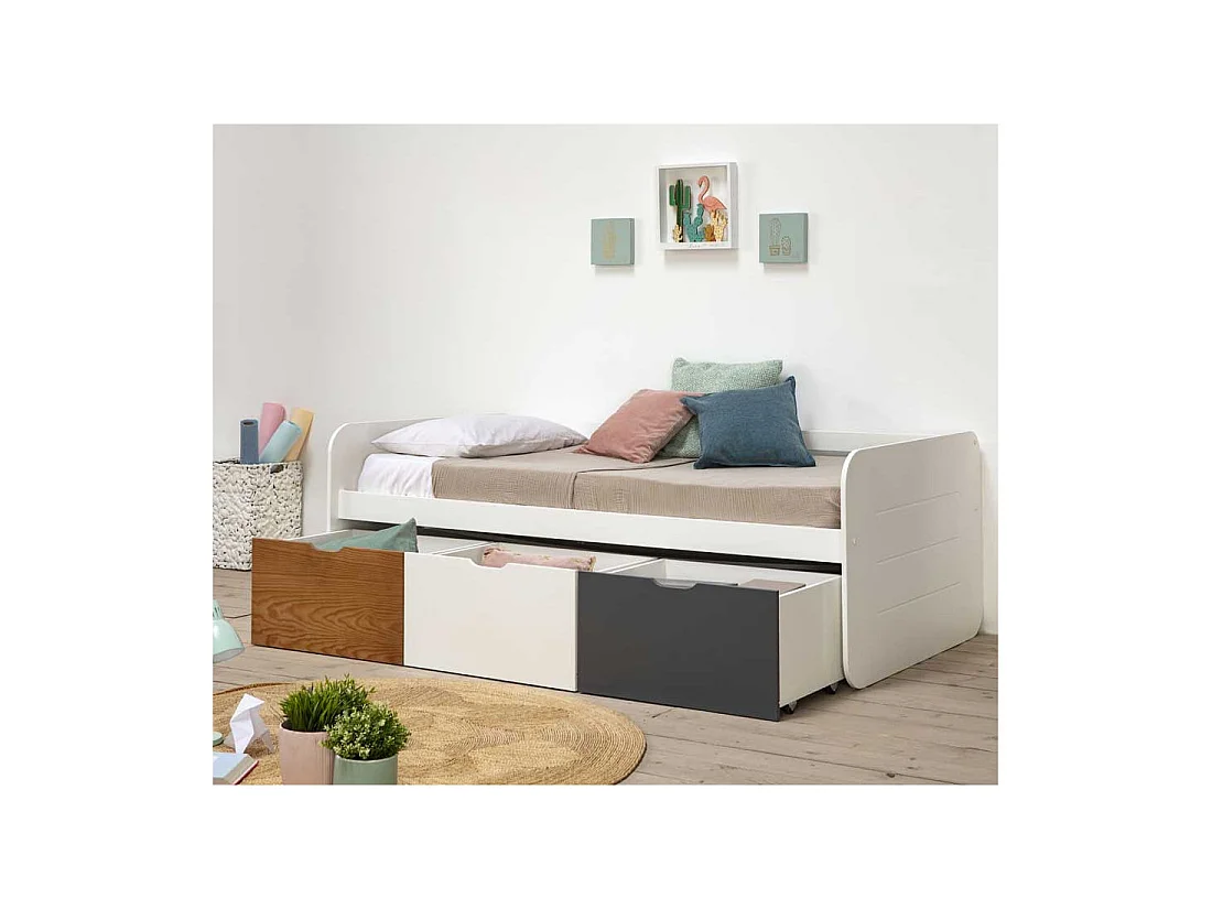 Lit 90*190 cm avec 3 tiroirs Bois Blanc - MOE