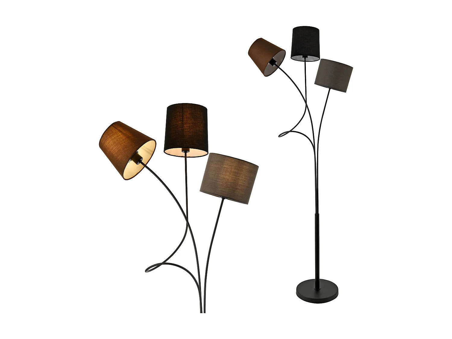 Candeeiro de pé candeeiro de pé com 3 casquilhos de metal e tecido 146 cm 3 abajures castanho preto cinza moldura preta 03_0002452