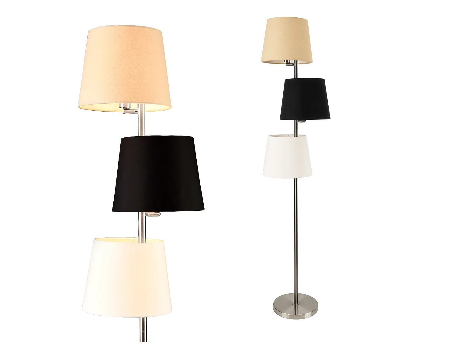 Lampadaire lampe sur pied avec 3 douilles métal et tissu 3 x e14 hauteur 149 cm abat-jour 26 cm argenté crème noir blanc 03_0002453