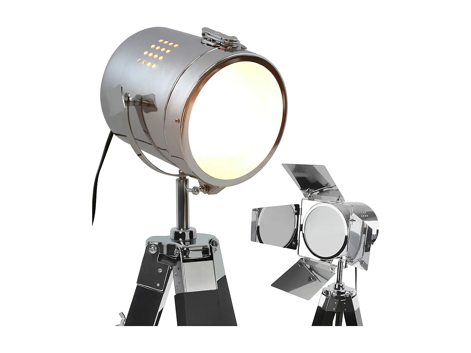 Lampadaire trépied type projecteur de cinéma hauteur réglable bois et métal classe énergétique led rétro lampe sur pied pour salon noir mat 01_0000400