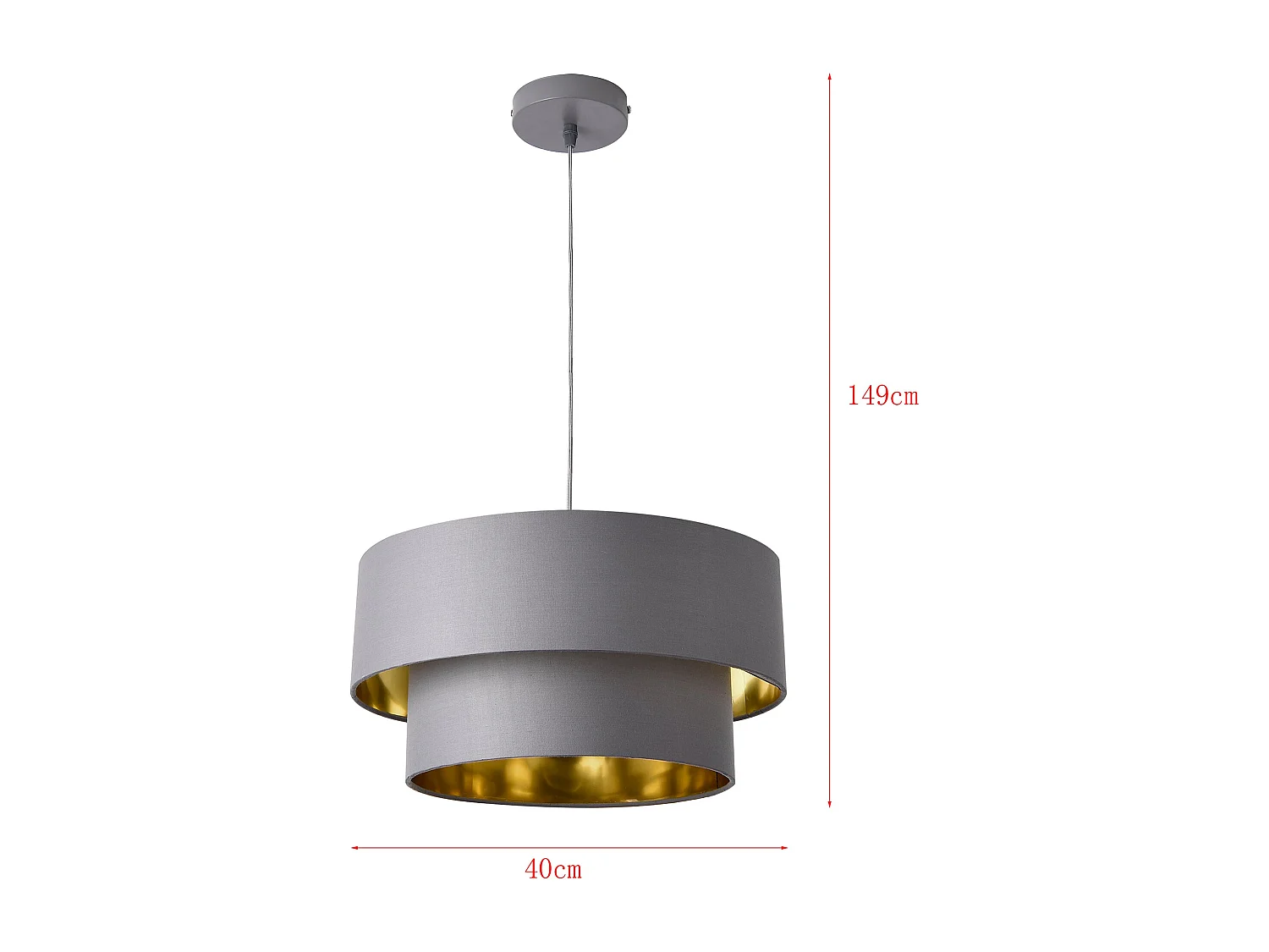 Luminária pendente de design 60 watts em metal e tecido com diâmetro de 40 cm cinza dourado 03_0005263