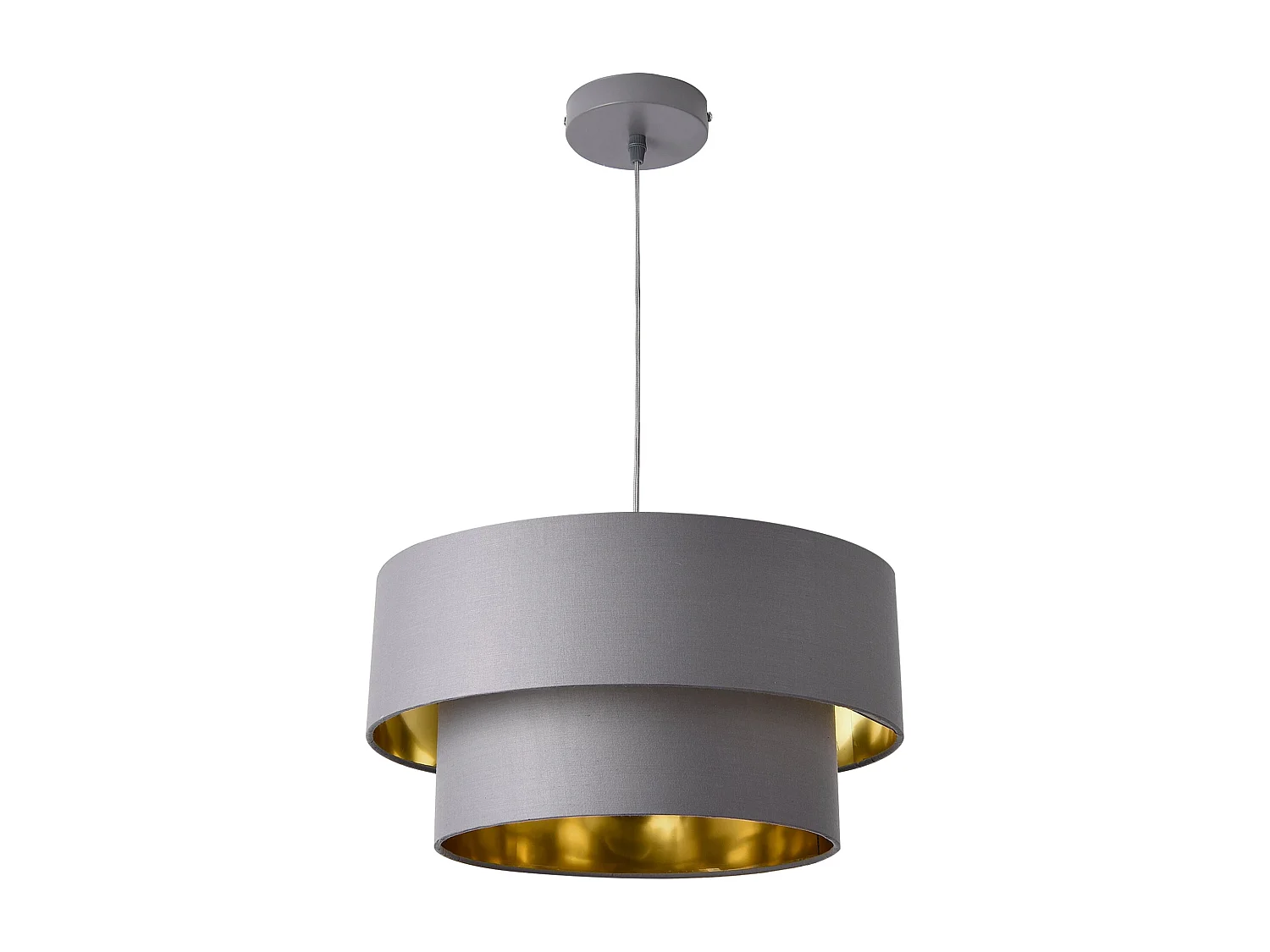 Luminária pendente de design 60 watts em metal e tecido com diâmetro de 40 cm cinza dourado 03_0005263
