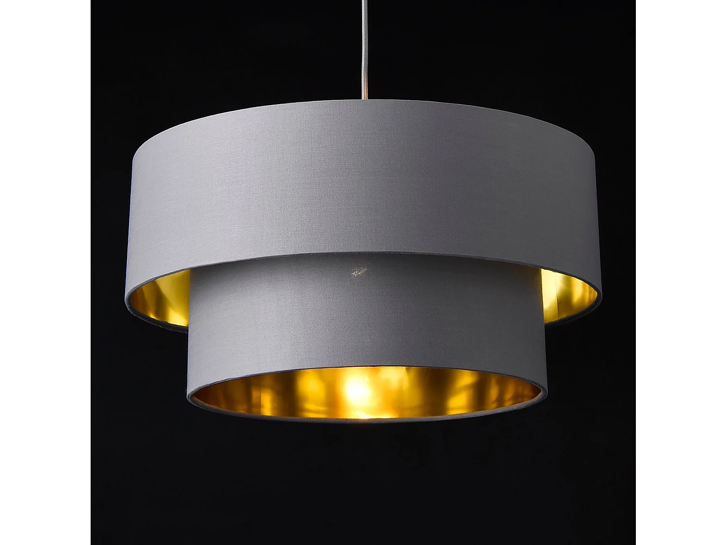 Luminária pendente de design 60 watts em metal e tecido com diâmetro de 40 cm cinza dourado 03_0005263