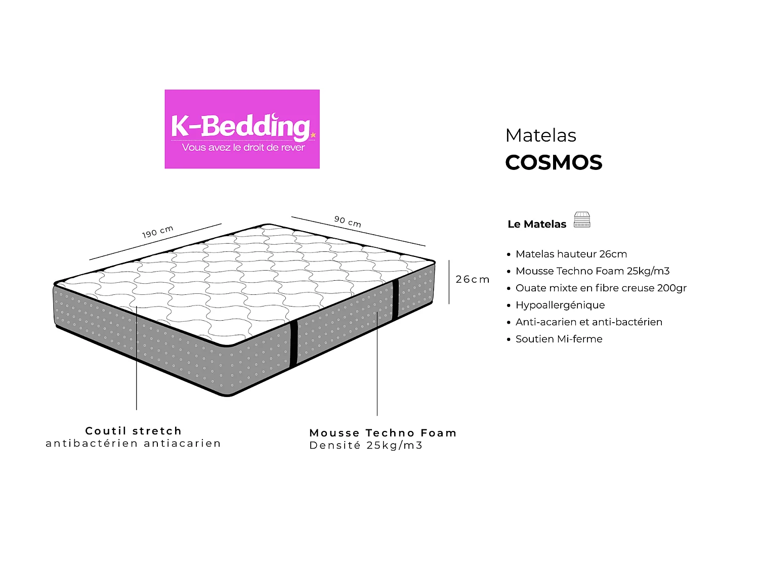 Matelas Cosmos 90x190 cm Hauteur 26 cm mousse polyuréthane techno Foam coutil stretch hypoallergénique Soutien équilibré