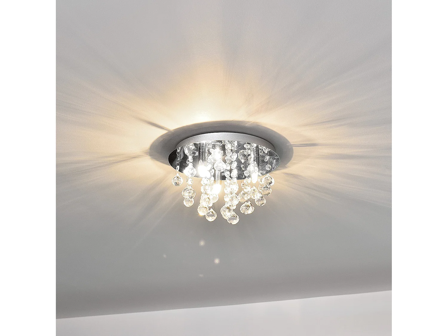 Luminaire suspendu plafonnier métal et cristal artistique chrome argent 3 x G9 diamètre 28 cm 03_0002811