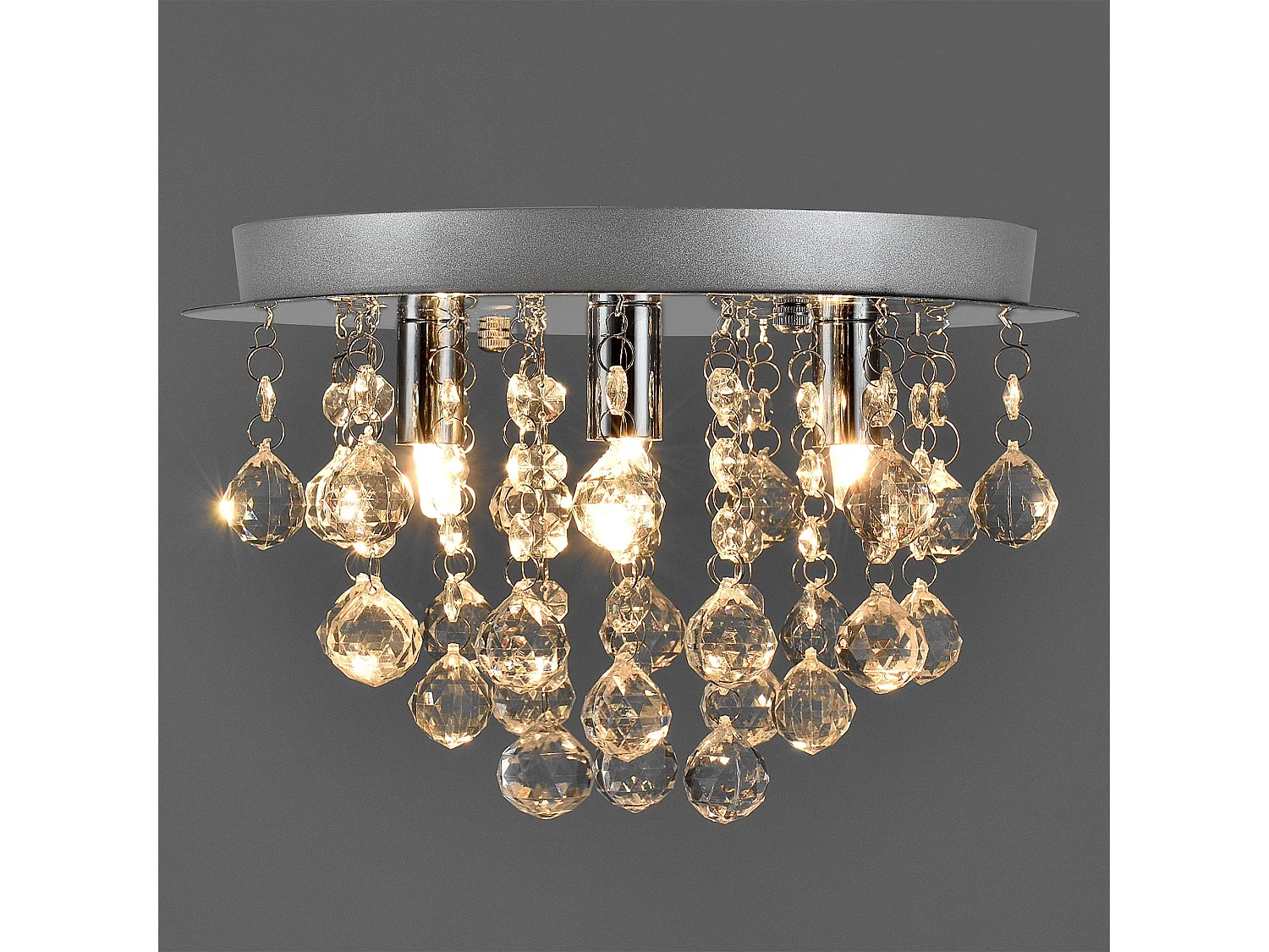 Luminaire suspendu plafonnier métal et cristal artistique chrome argent 3 x G9 diamètre 28 cm 03_0002811