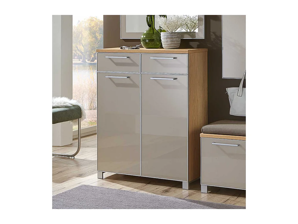 Schuhkommode in Taupe Glas beschichtet Eiche Bianco furniert