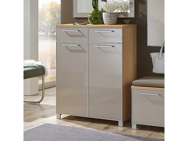 Schuhkommode in Taupe Glas beschichtet Eiche Bianco furniert