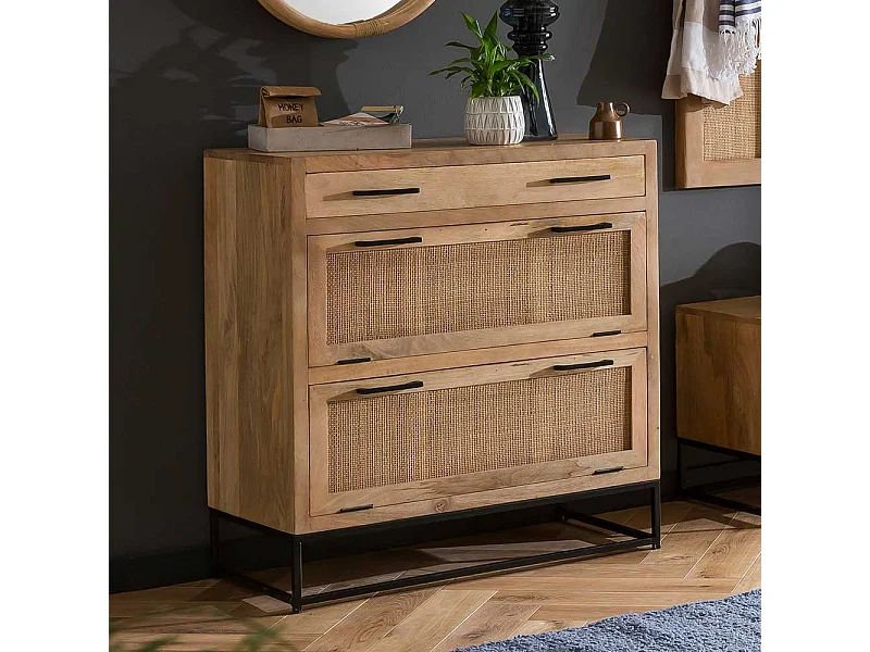 Schuhklappenschrank mit Schublade Rattan und Massivholz Mangobaum