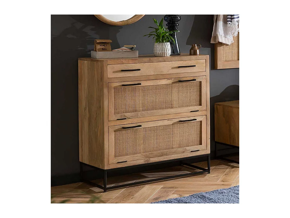 Schuhklappenschrank mit Schublade Rattan und Massivholz Mangobaum