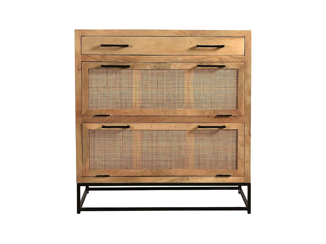 Schuhklappenschrank mit Schublade Rattan und Massivholz Mangobaum