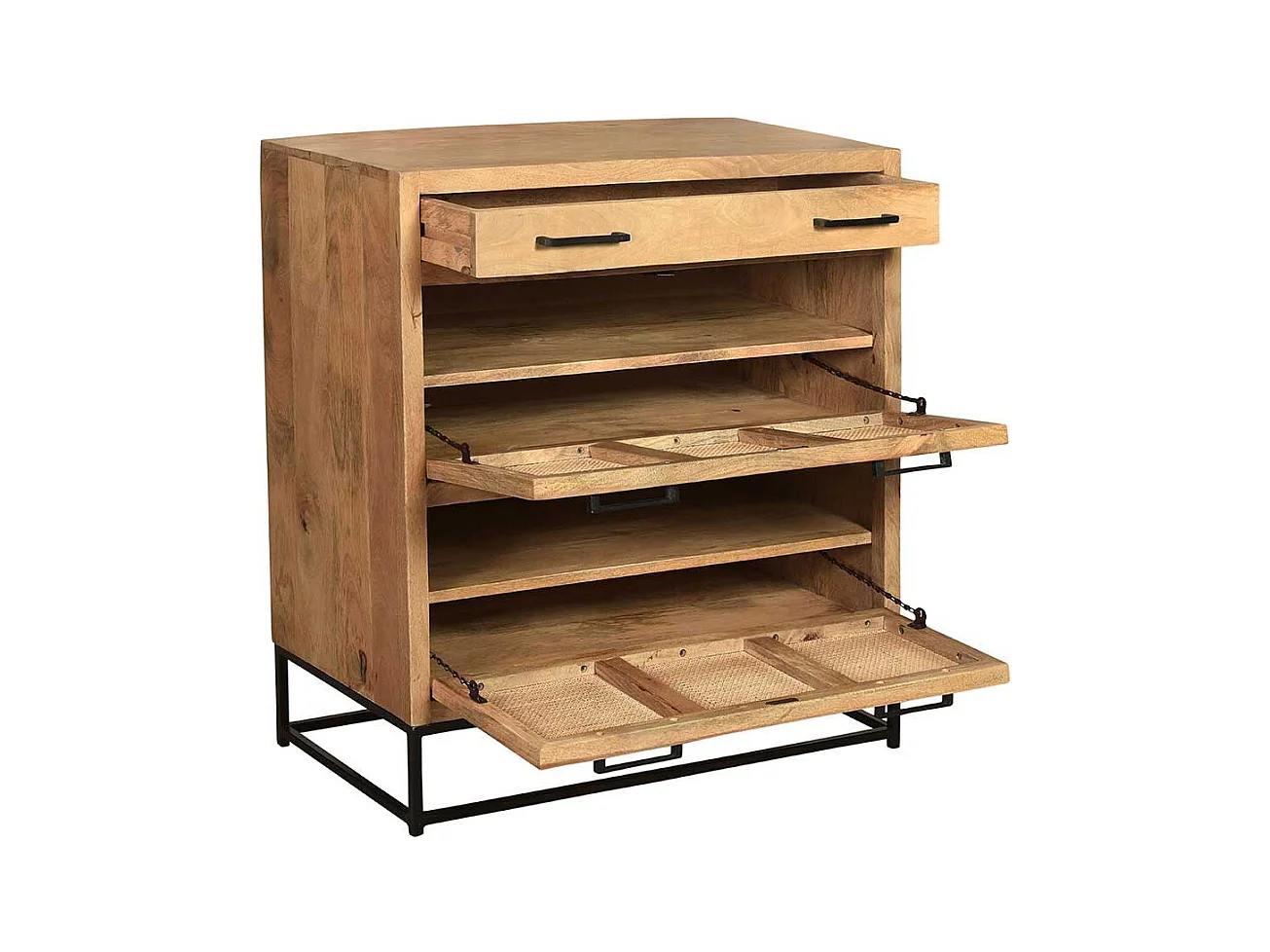 Schuhklappenschrank mit Schublade Rattan und Massivholz Mangobaum