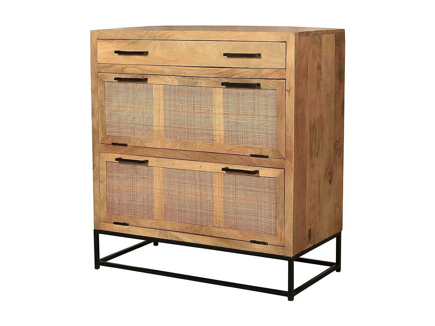 Schuhklappenschrank mit Schublade Rattan und Massivholz Mangobaum