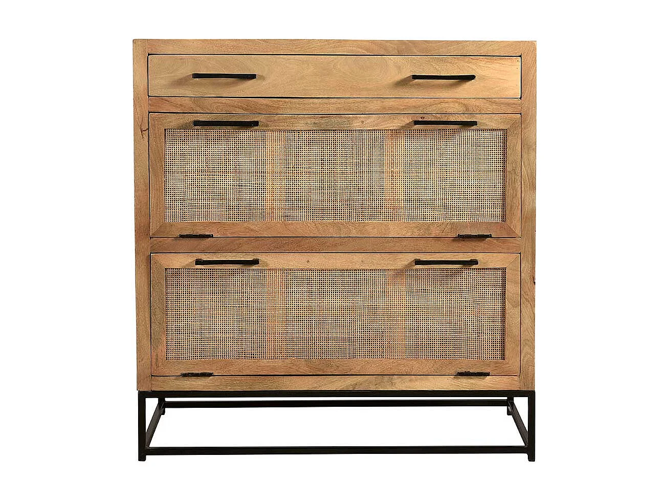 Schuhklappenschrank mit Schublade Rattan und Massivholz Mangobaum