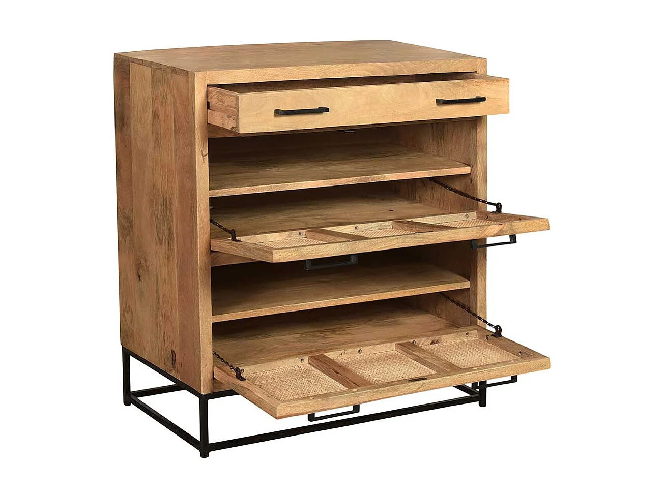 Schuhklappenschrank mit Schublade Rattan und Massivholz Mangobaum