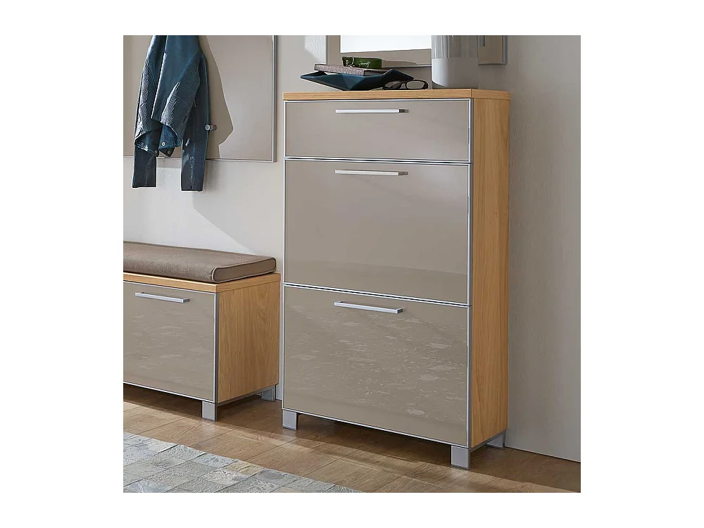 Schuhschrank in Taupe Eiche furniert mit Klappen