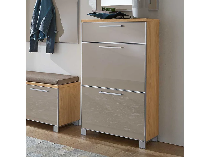 Schuhschrank in Taupe Eiche furniert mit Klappen