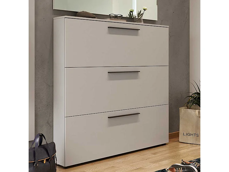 Schuhklappenschrank in Hellgrau Schuhkörben aus Metall