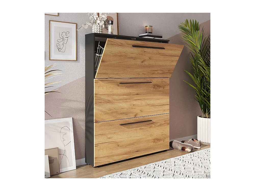 Garderobenschuhschrank mit drei Schuhklappen Schuhkörben aus Metall