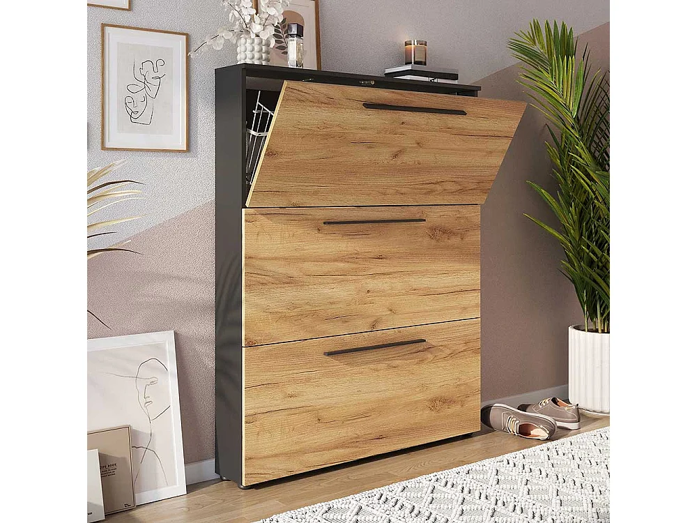 Garderobenschuhschrank mit drei Schuhklappen Schuhkörben aus Metall