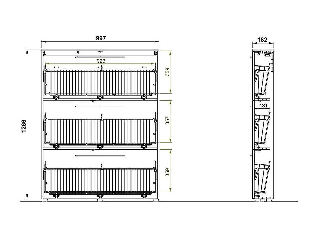 Garderobenschuhschrank mit drei Schuhklappen Schuhkörben aus Metall