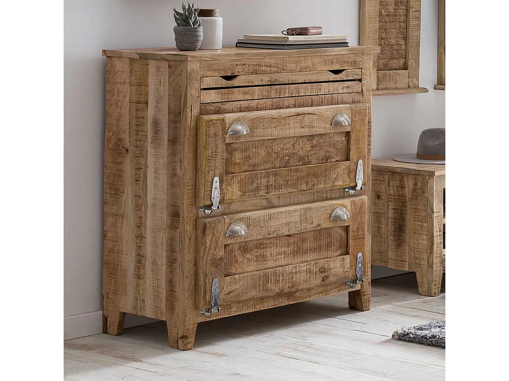 Shabby Chic Schuhschrank aus Mangobaum Massivholz zwei Klappen