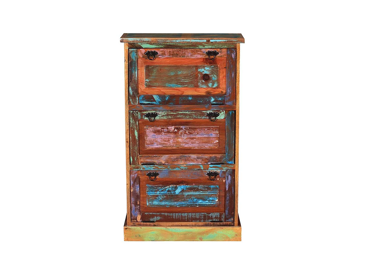 Garderobenschuhschrank aus buntem Recyclingholz drei Schuhklappen