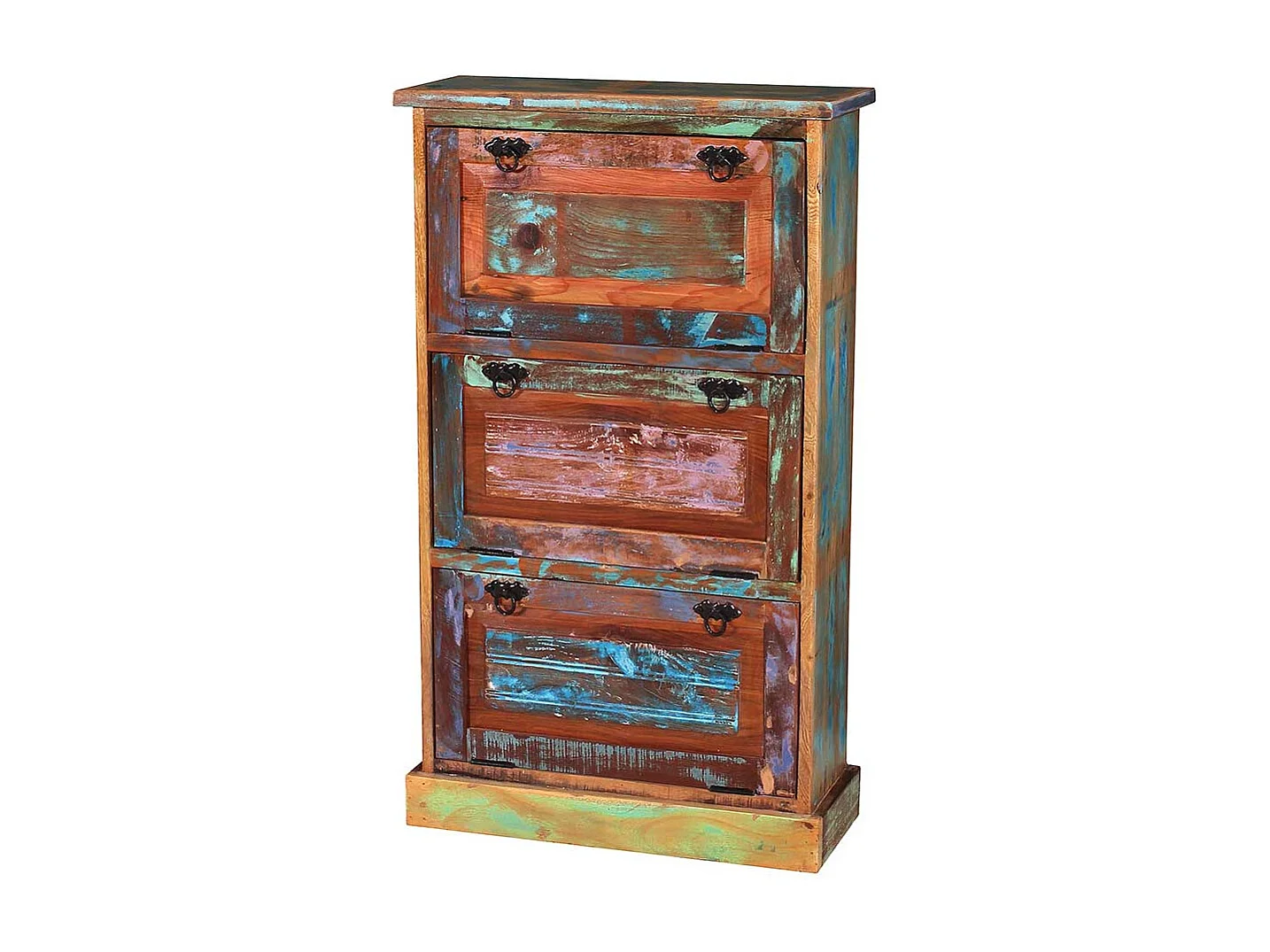 Garderobenschuhschrank aus buntem Recyclingholz drei Schuhklappen