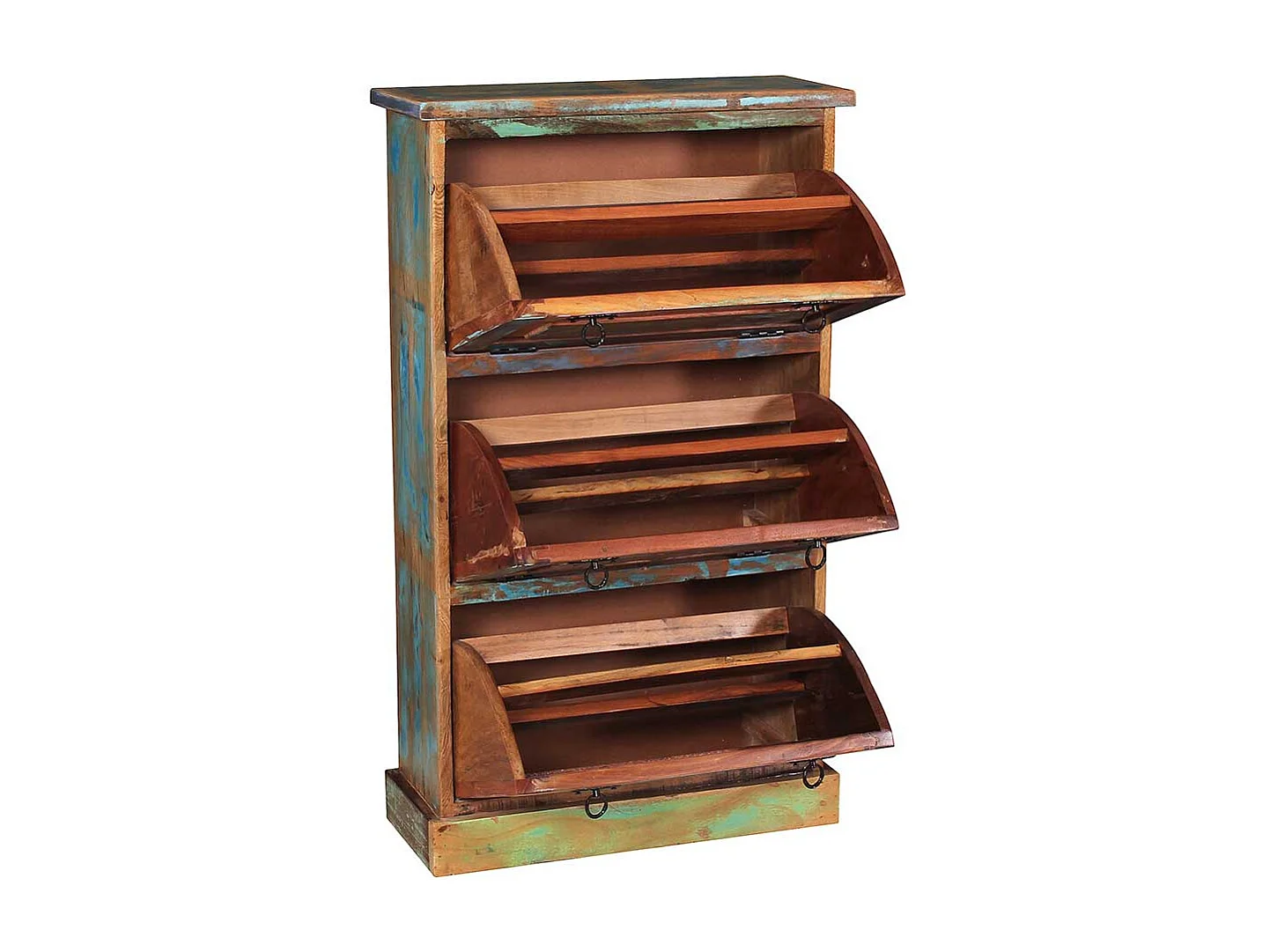 Garderobenschuhschrank aus buntem Recyclingholz drei Schuhklappen