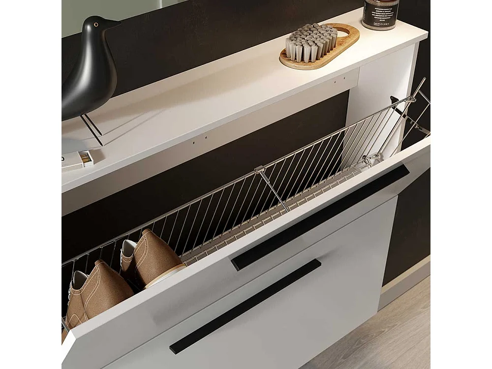 Garderobenschuhschrank in Weiß melaminbeschichtet Metallgriffen