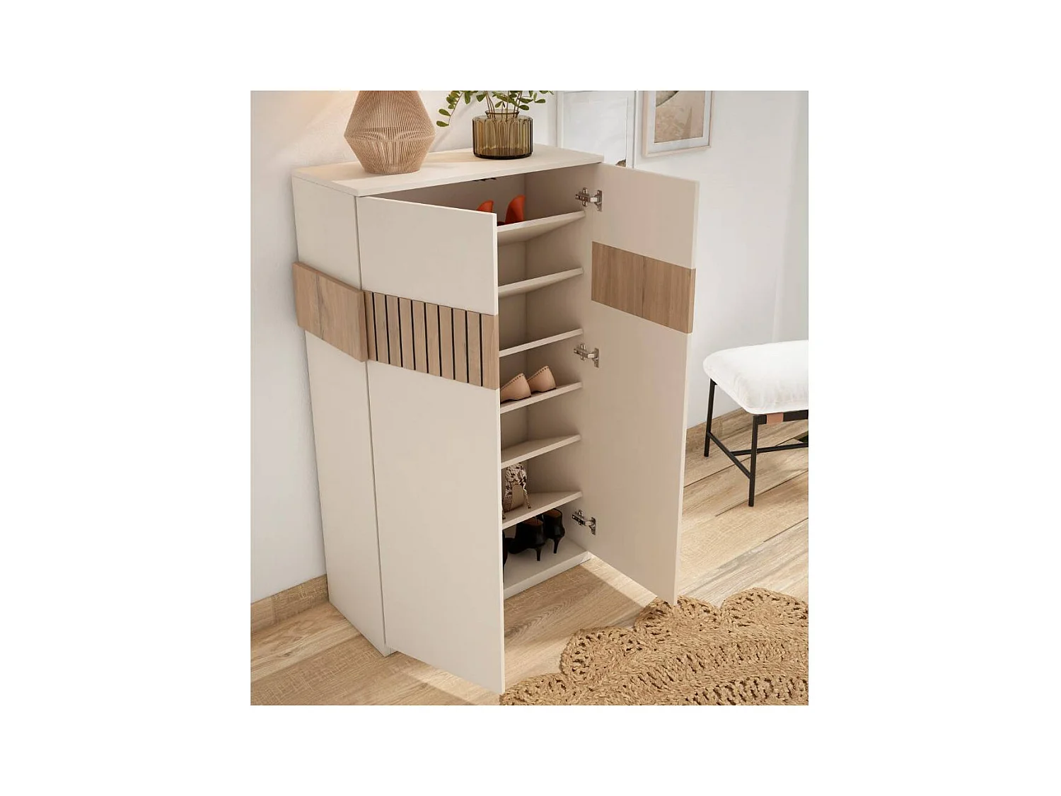 Schuh Schrank Schuhgarderobe in Weiß und Holz Braun