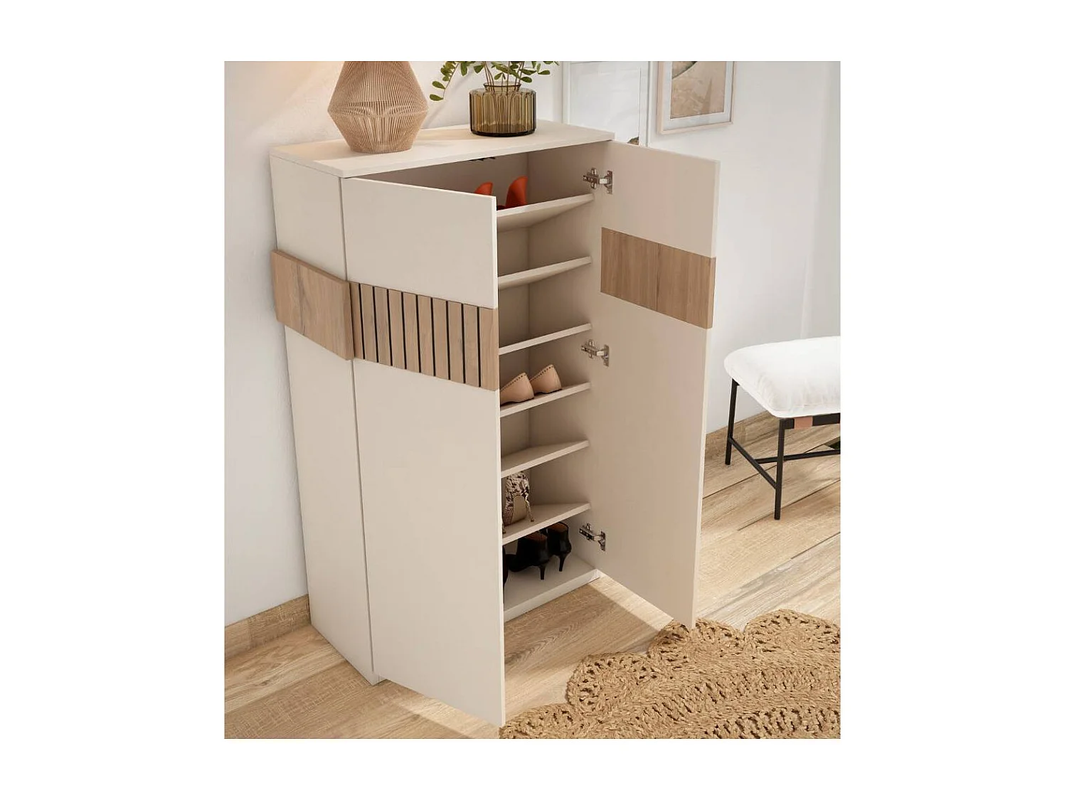 Schuh Schrank Schuhgarderobe in Weiß und Holz Braun