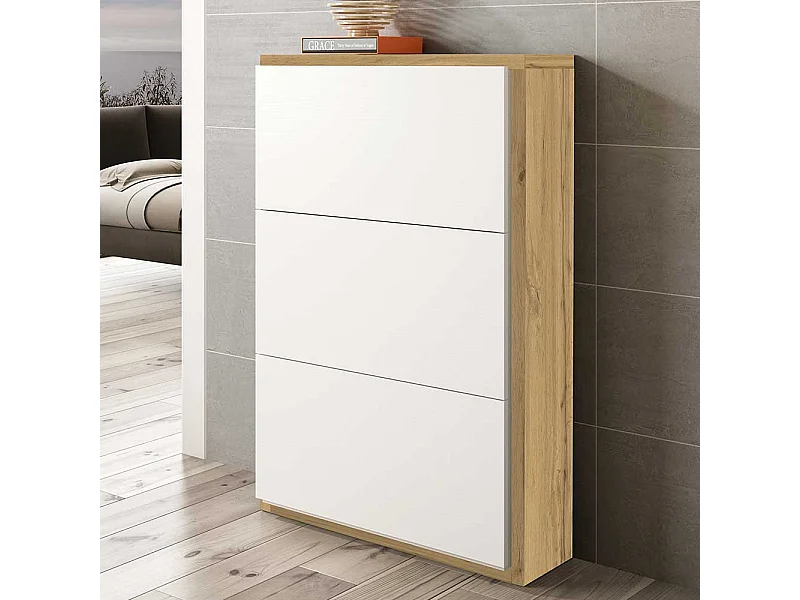 Schuhschrank in Weiß und Wildeichefarben 120 cm hoch