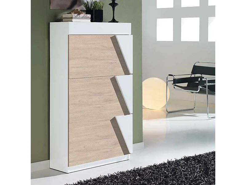 Schuhklappenschrank in Eiche Bianco und Weiß modern