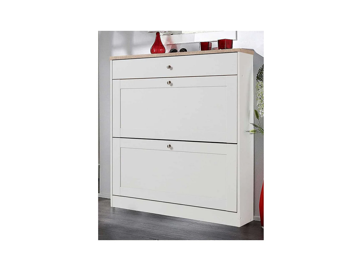 Schuhklappenschrank in Weiß und Eiche Sonoma 90 cm breit