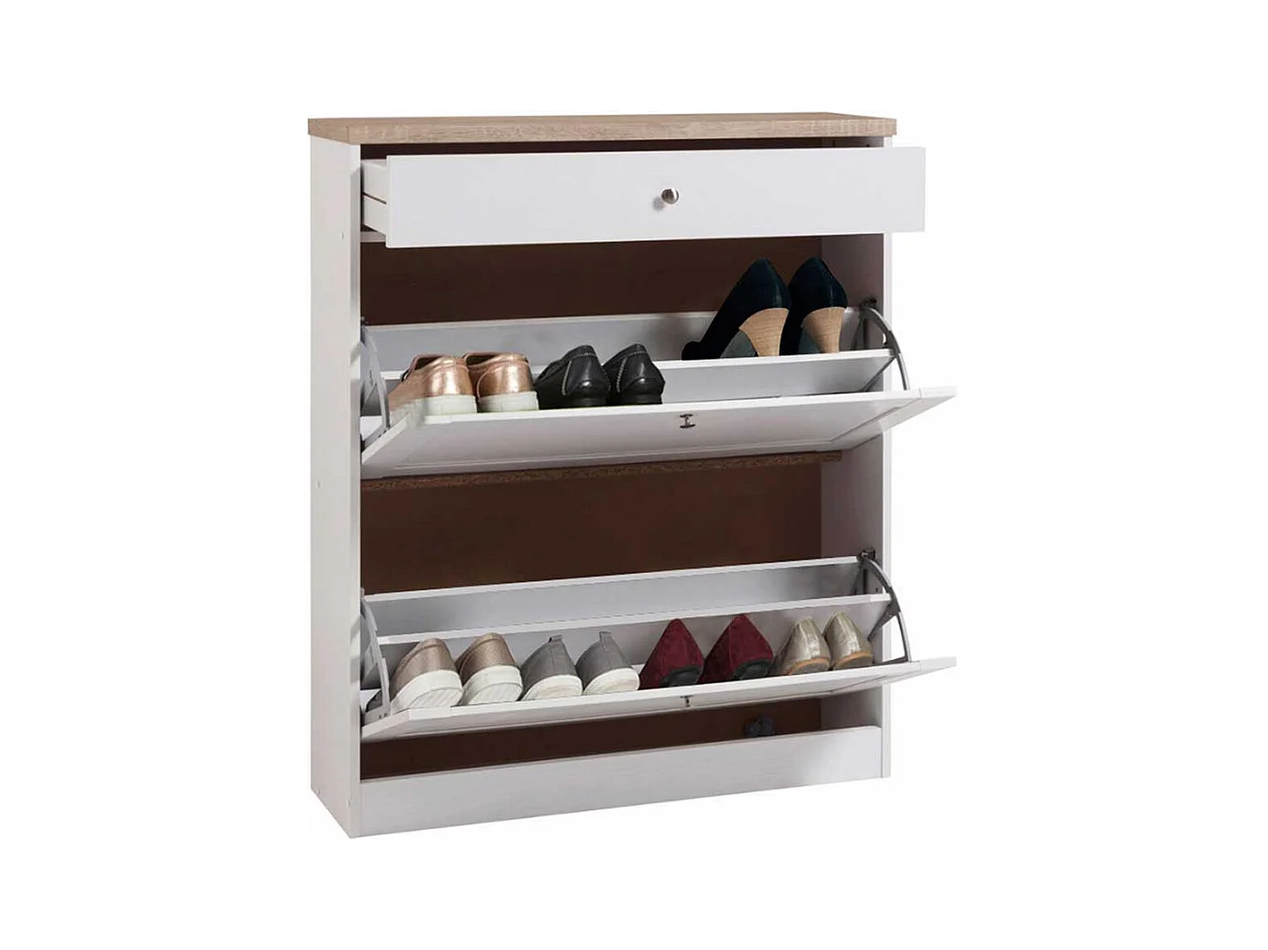 Schuhklappenschrank in Weiß und Eiche Sonoma 90 cm breit