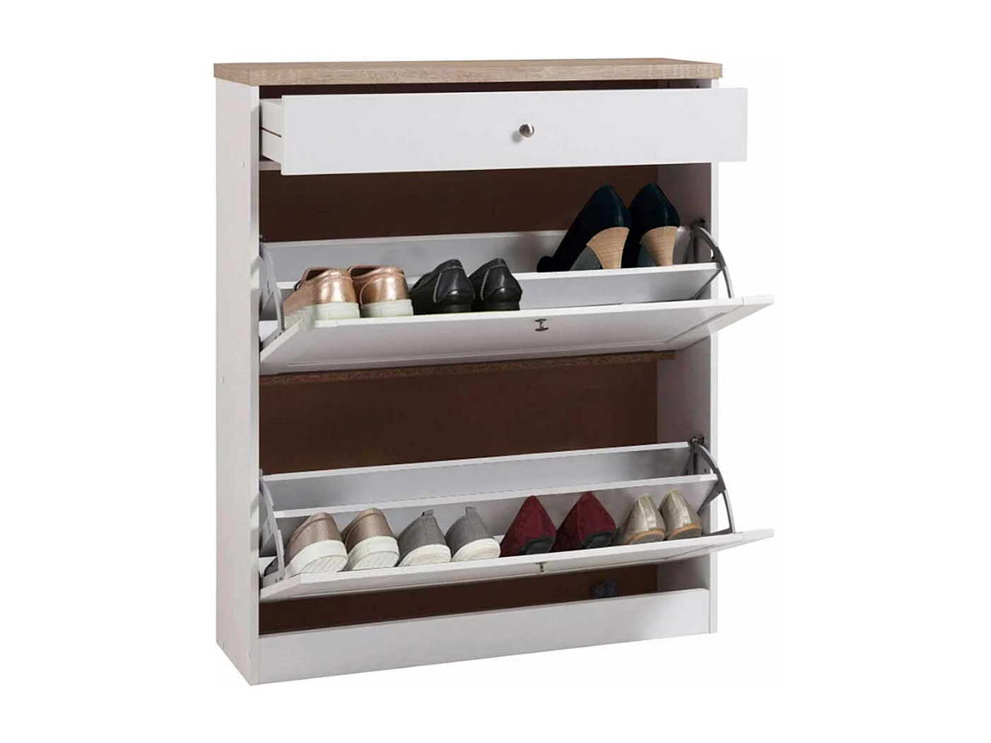 Schuhklappenschrank in Weiß und Eiche Sonoma 90 cm breit