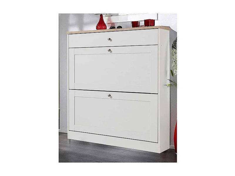 Schuhklappenschrank in Weiß und Eiche Sonoma 90 cm breit
