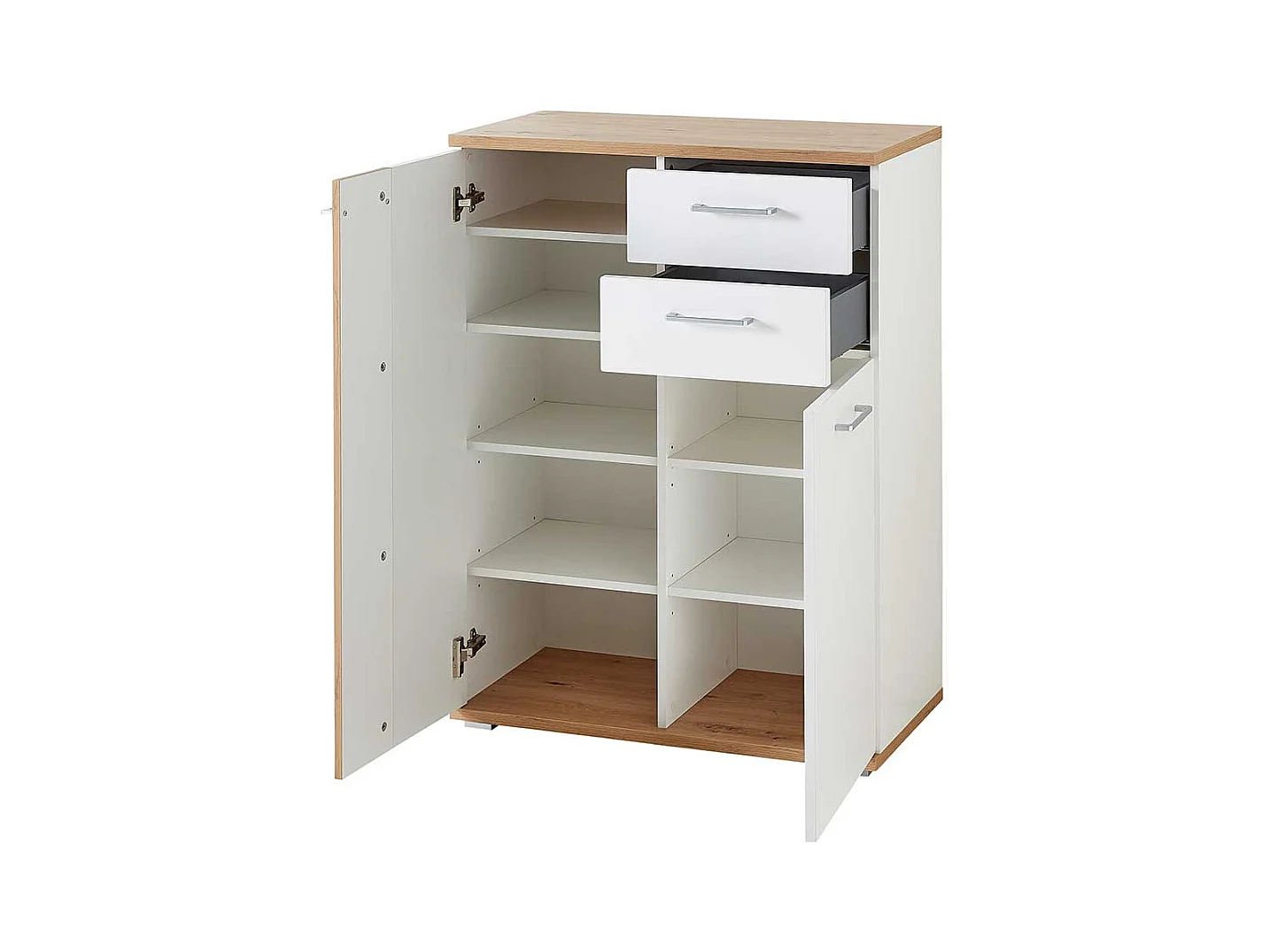 Schuh Schrank Kommode in Wildeichefarben und Weiß 106 cm hoch