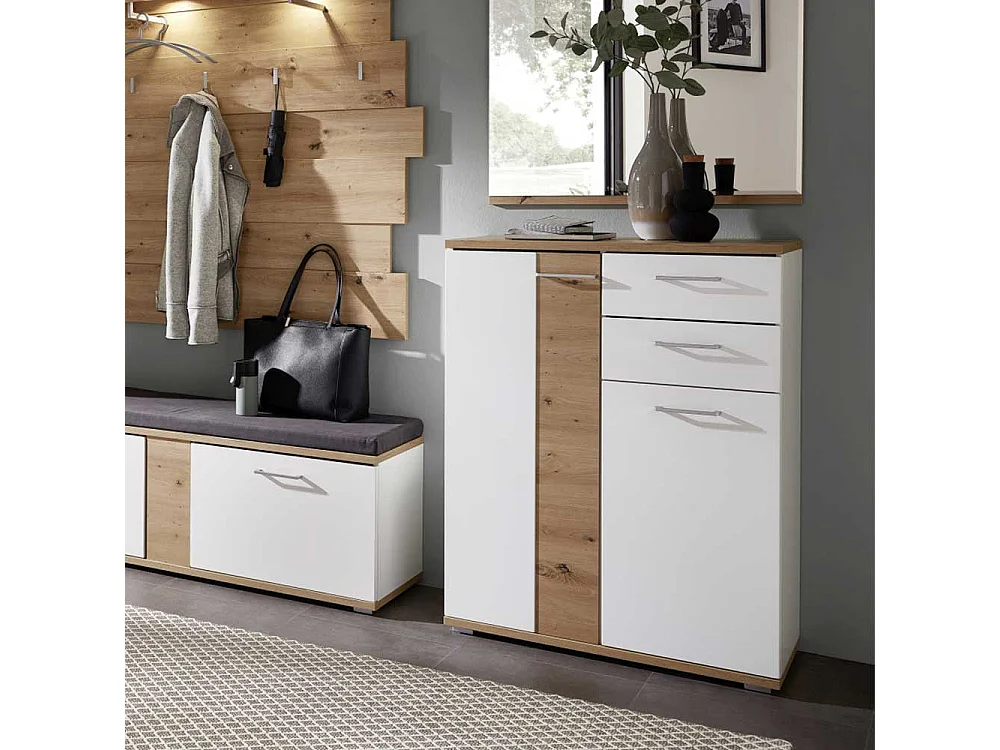 Schuh Schrank Kommode in Wildeichefarben und Weiß 106 cm hoch