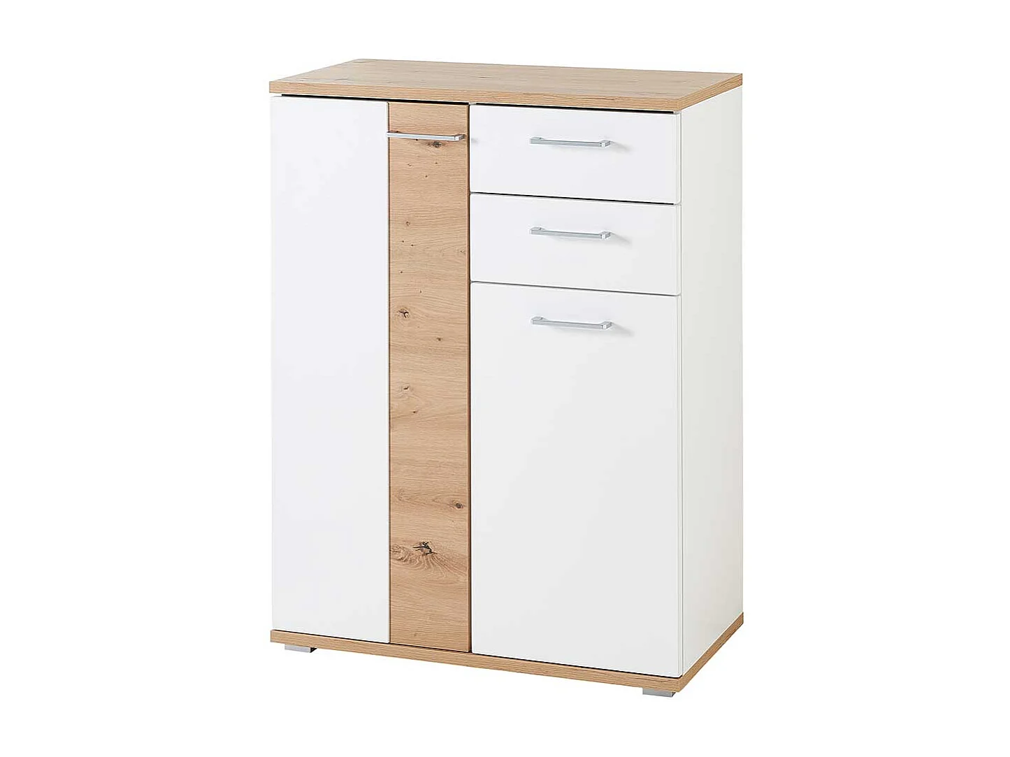 Schuh Schrank Kommode in Wildeichefarben und Weiß 106 cm hoch