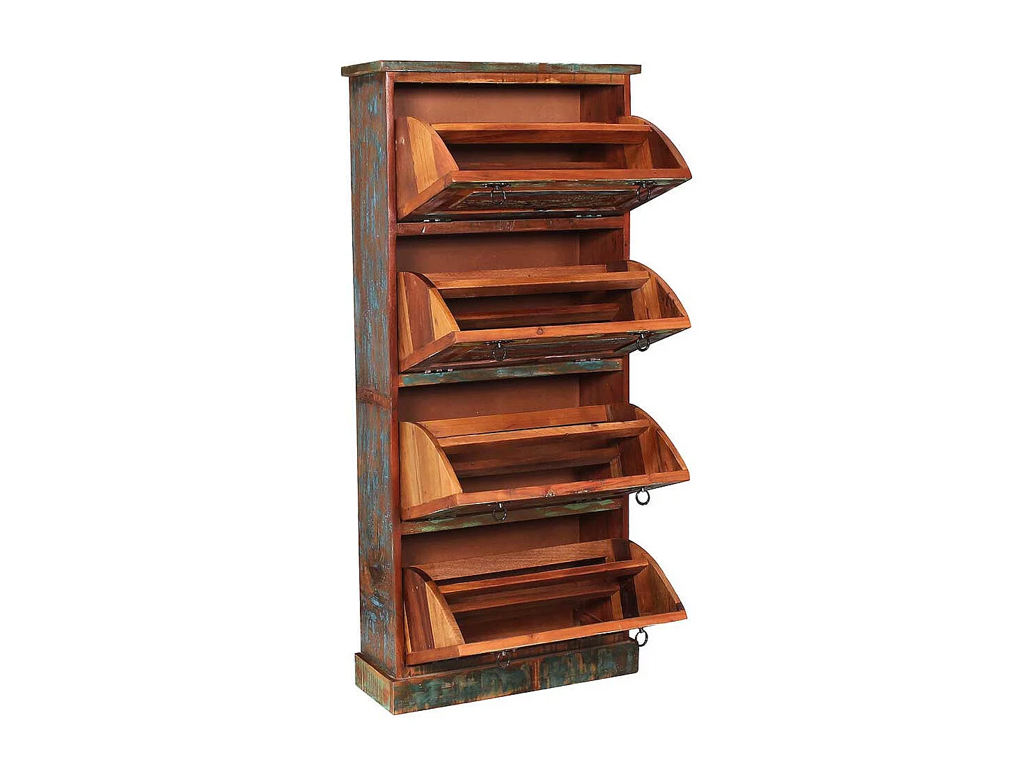 Schuh Schrank aus buntem Recyclingholz vier Schuhklappen