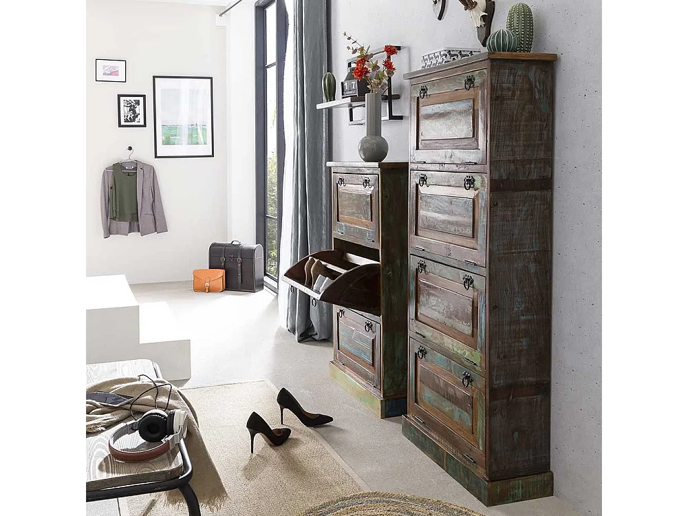 Schuh Schrank aus buntem Recyclingholz vier Schuhklappen