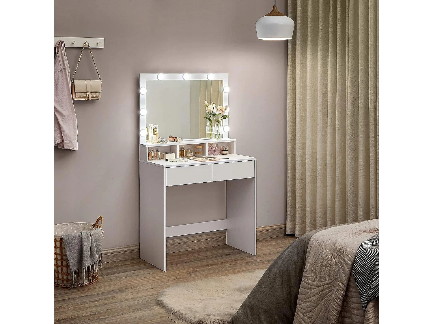Coiffeuse Valora blanche avec miroir et éclairage LED | Style scandinave