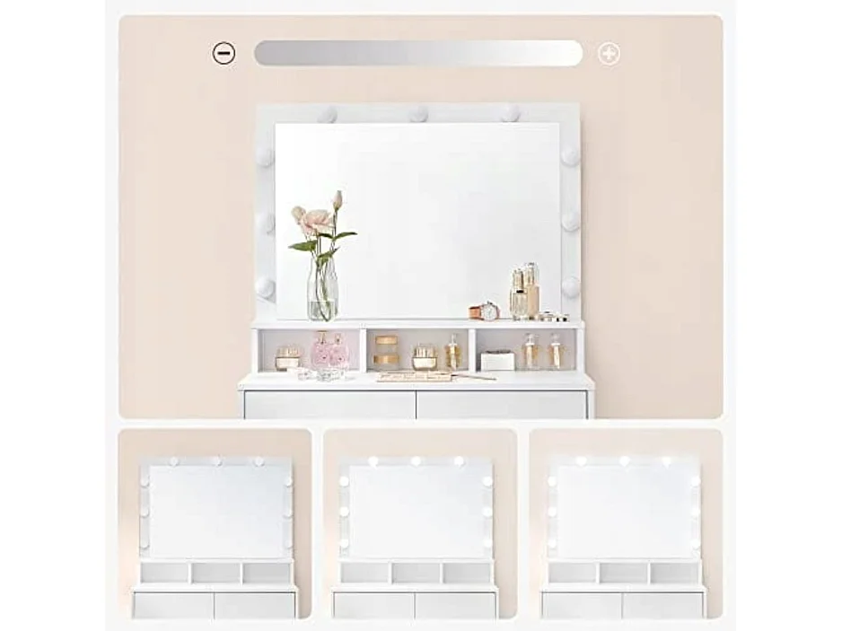 Coiffeuse Valora blanche avec miroir et éclairage LED | Style scandinave